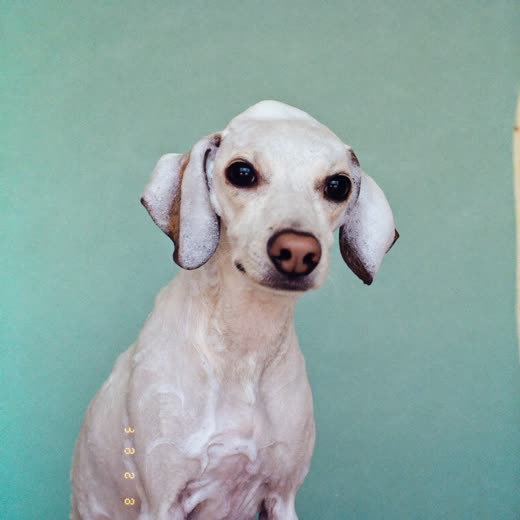 A dog lathered in shampoo foam