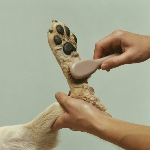 A muddy dog paw being cleaned with a brush